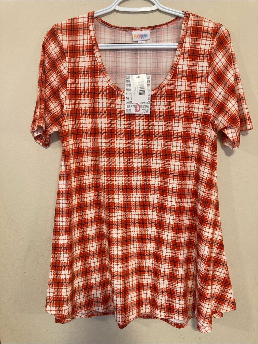 LuLaRoe Red and White Plaid Short-Sleeve Scoop Neck Top